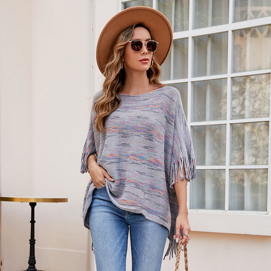Damen kuscheliger Poncho mit fransigen Details EB