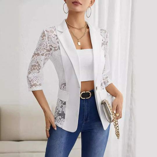 Damen Elegante Blazerjacke mit transparenter Spitzenverarbeitung EB