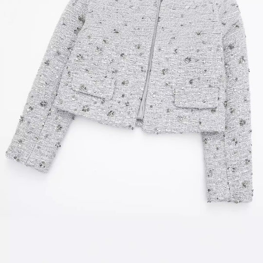 Damen elegante Tweedjacke mit funkelnden Pailletten und strukturiertem Design EB