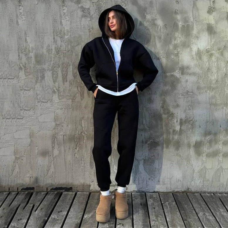 Damen kurzes Zip-Hoodie und hochtaillierte Komfort-Jogginghose-Set aus weichem Fleece EB