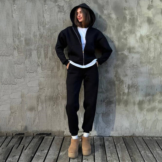 Damen kurzes Zip-Hoodie und hochtaillierte Komfort-Jogginghose-Set aus weichem Fleece EB