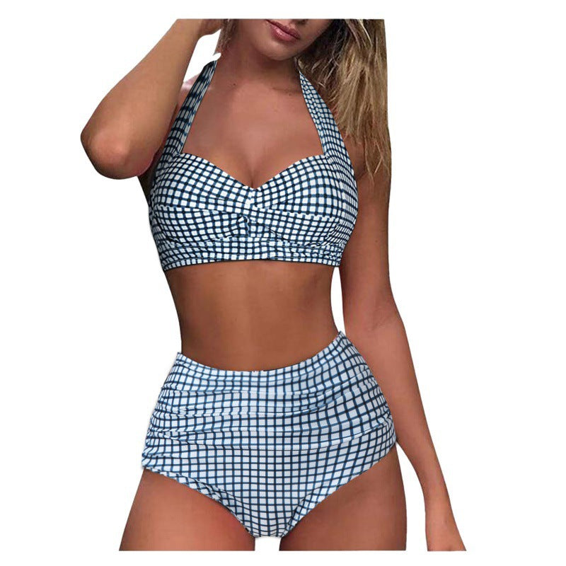 Damen Hochtaillierter Karobikini mit gerafftem Oberteil EB