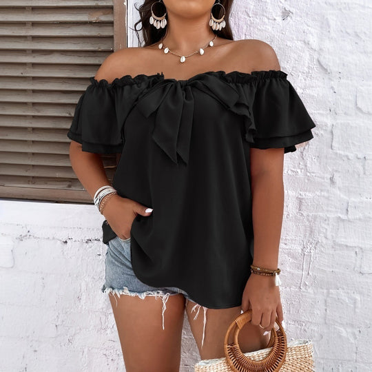Damen Off-Shoulder Oberteil mit Schleifen-Details und Rüschensäumen EB