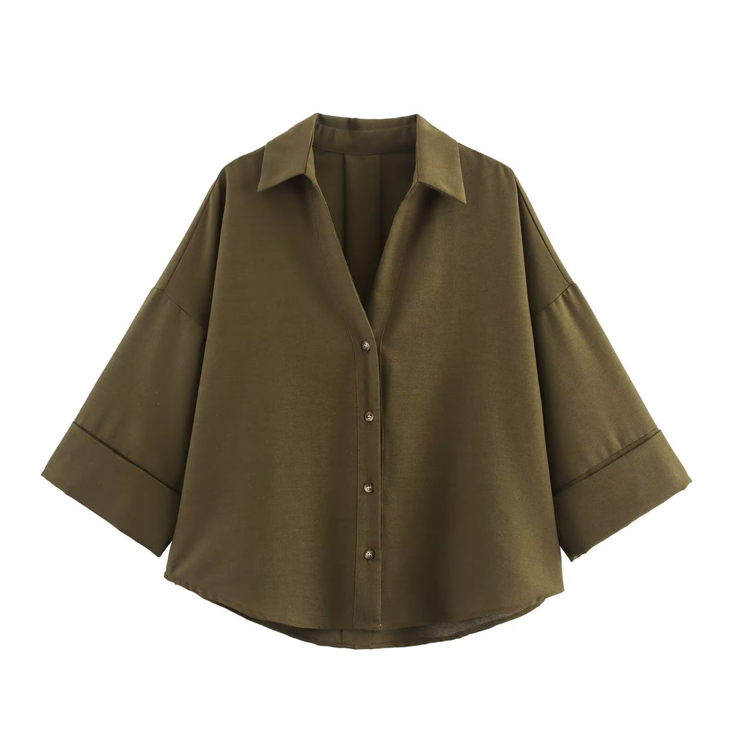 Damen nan lockere oversized Hemdbluse mit weitem Kragen und Dreiviertelärmeln EB