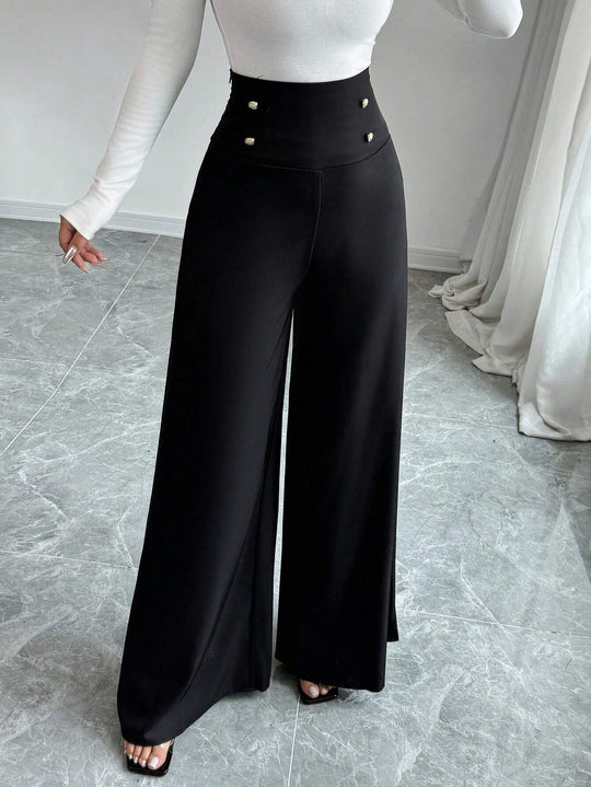 Damen Weite High-Waist Hose mit dekorativen Knöpfen EB