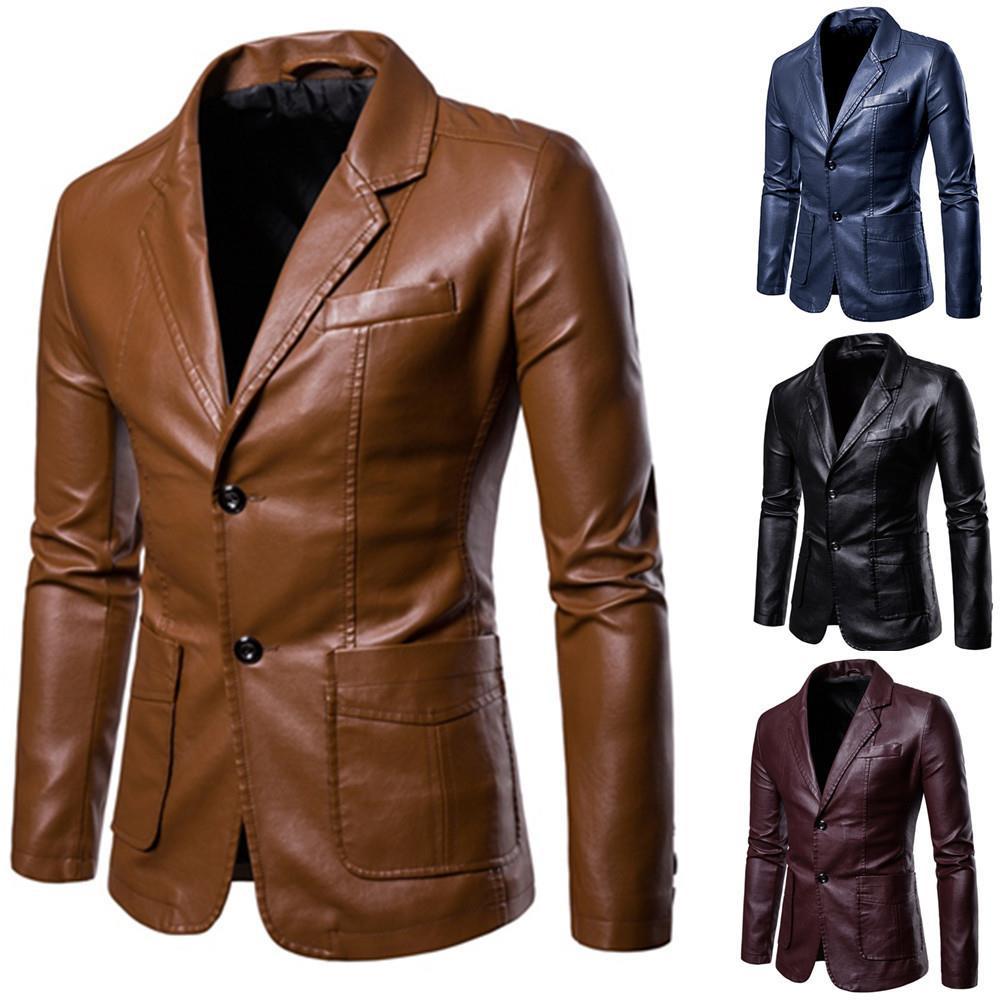 Herren nan schlanker Lederblazer mit Reverskragen und aufgesetzten Taschen EB