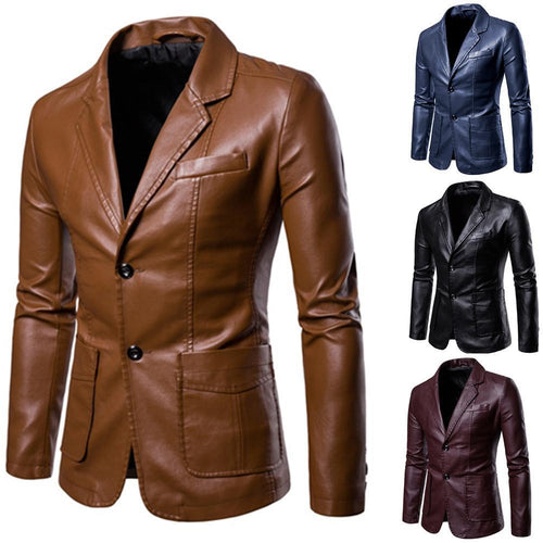 Herren nan schlanker Lederblazer mit Reverskragen und aufgesetzten Taschen EB