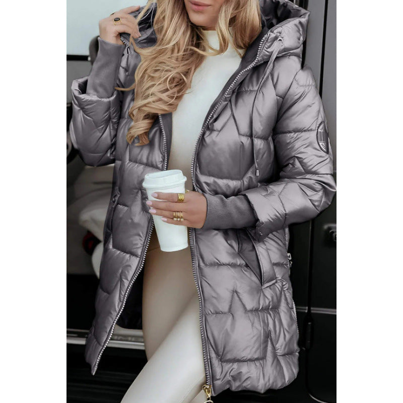 Damen Longline Steppjacke mit abnehmbarem Kapuzenfutter und seitlichen Reißverschlusstaschen EB