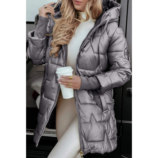 Damen Longline Steppjacke mit abnehmbarem Kapuzenfutter und seitlichen Reißverschlusstaschen EB