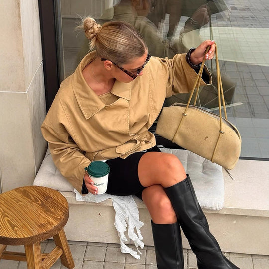 Damen lässige Oversized-Jacke mit Taillenschnürung EB