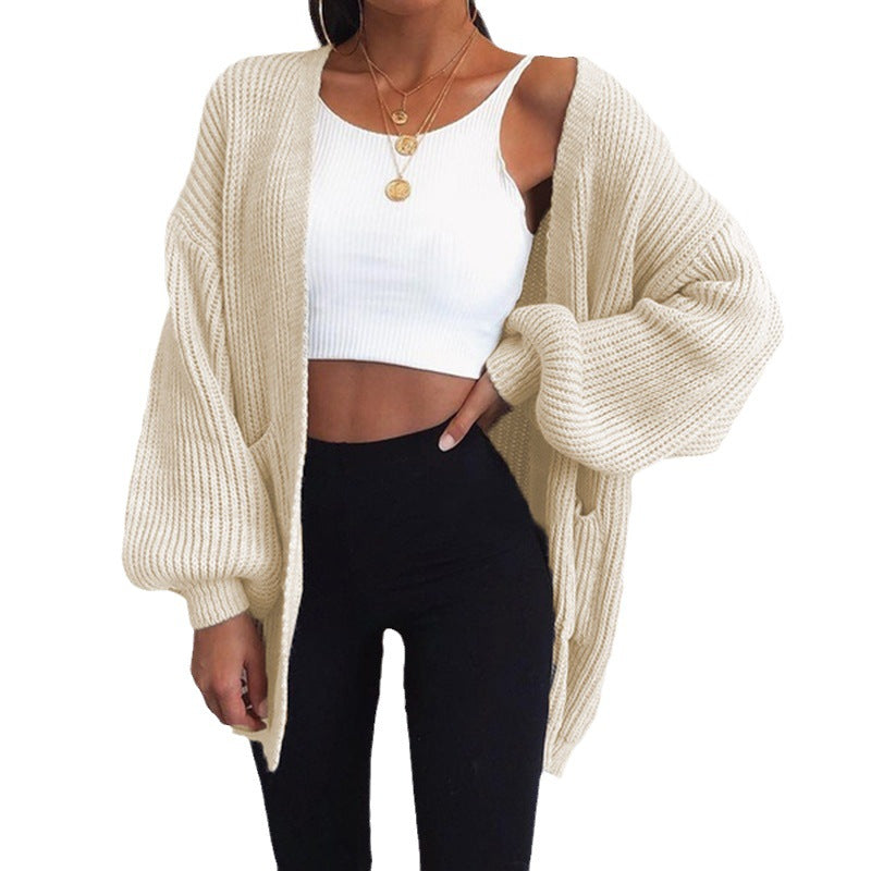 Damen Grober Strickcardigan mit ballonförmigen Ärmeln und lässigem Schnitt EB