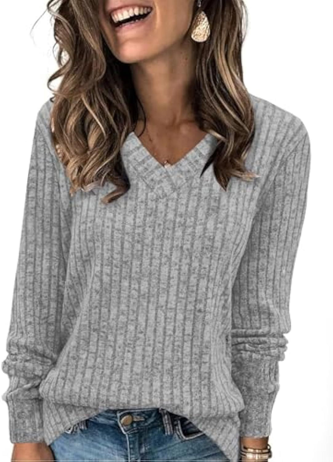 Damen gerippter V‑Ausschnitt Feinstrickpullover mit längerem Arm EB