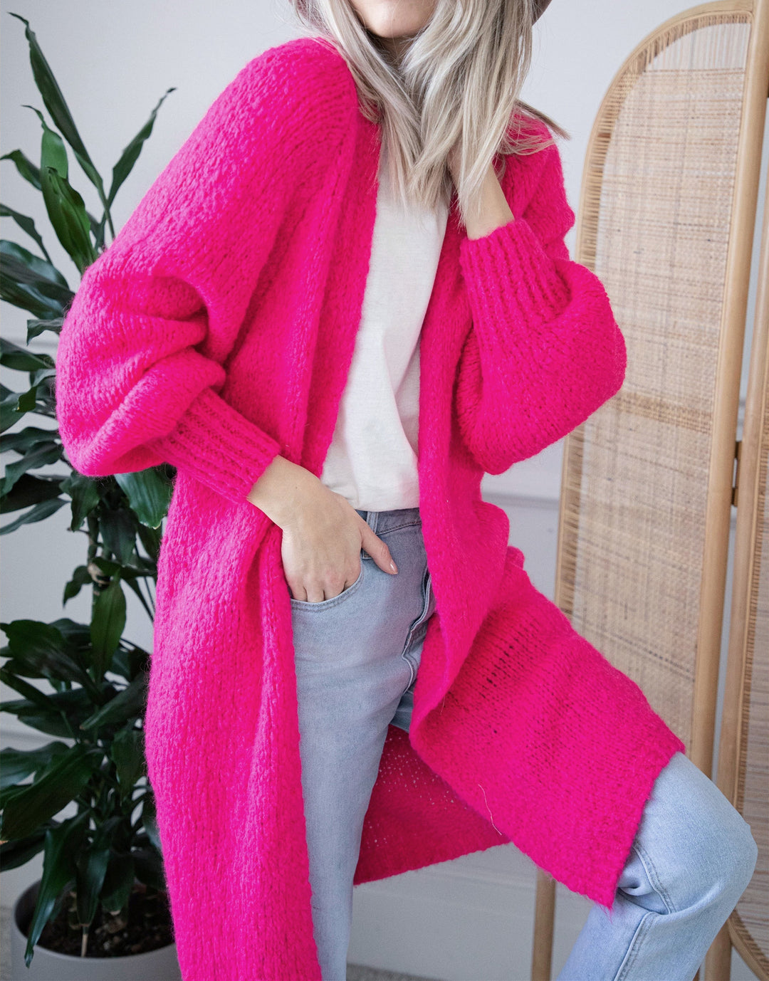 Damen Oversized Strickmantel mit lässigem V-Ausschnitt und luftiger Maschenstruktur EB