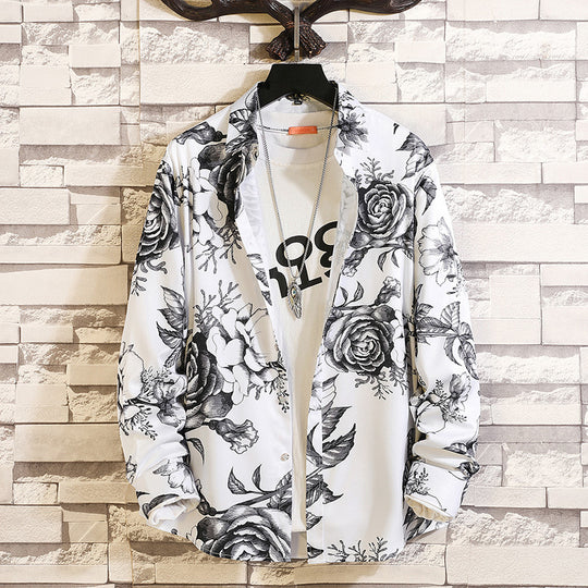Herren nan langärmliges Hemd mit offenem Reverskragen, kontrastivem Blumenprint und lässiger Regular-Fit Silhouette EB