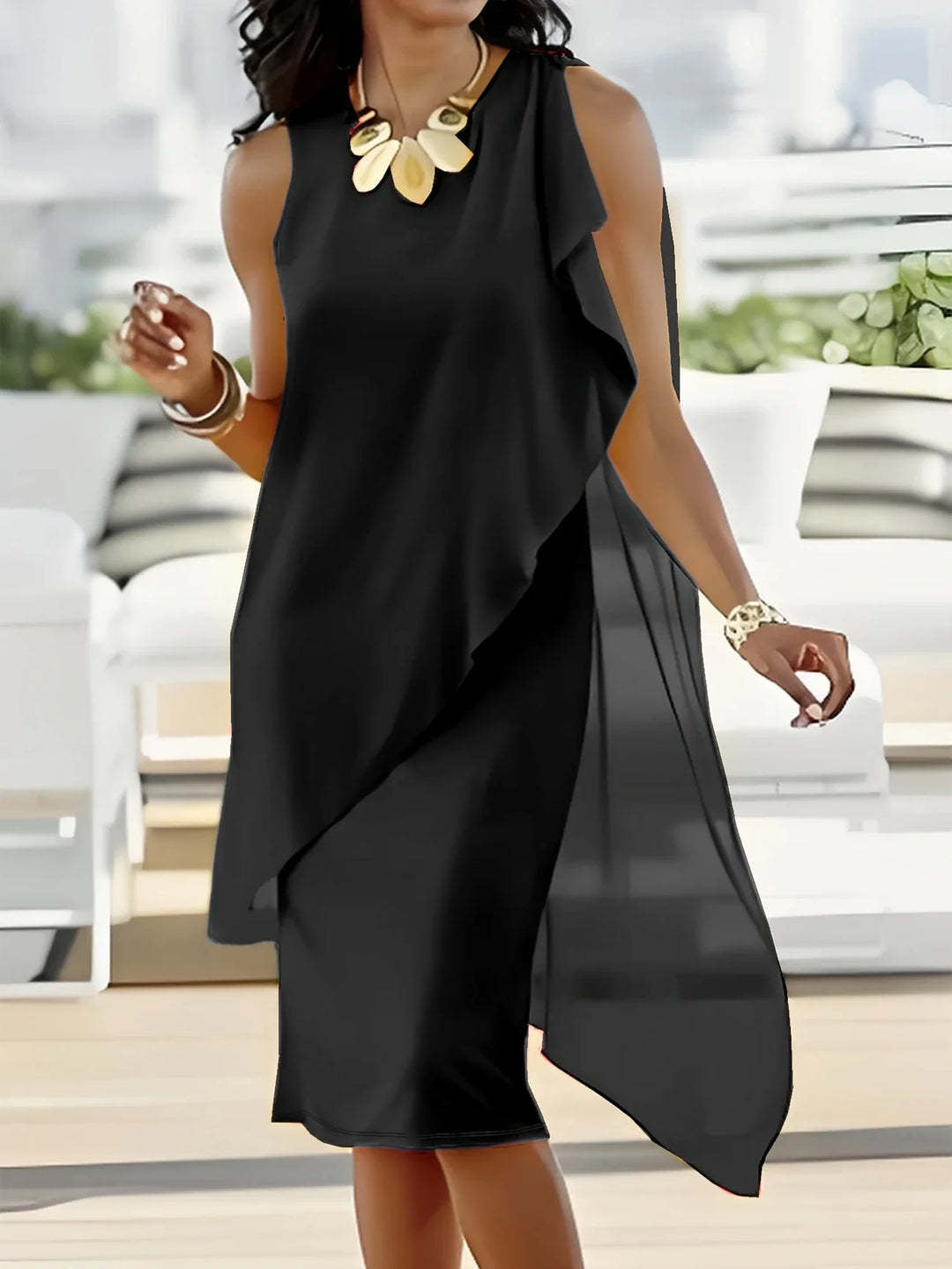 Damen asymmetrisches Chiffonkleid mit fließendem Schnitt EB