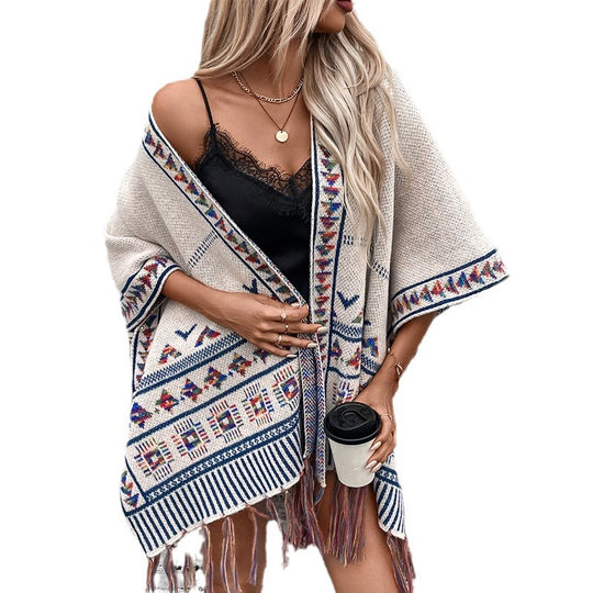 Damen stilvolle Poncho mit buntem Ethnomuster EB