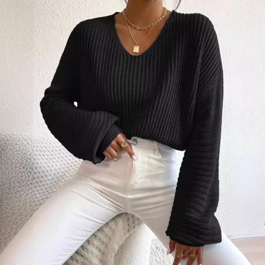 Damen V-Ausschnitt Strickpullover mit weiten Ärmeln EB