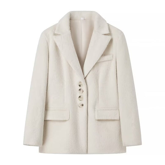 Damen elegante Blazerjacke mit weichem Fell und dekorativen Knopfdetails EB