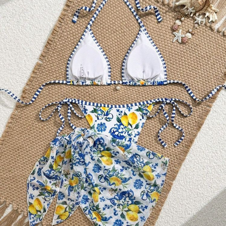 Damen Triangel-Bikini mit floralem Muster und verspieltem Pareo EB