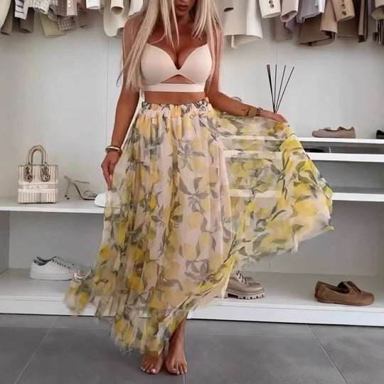 Damen Maxirock mit floralen Lagen und transparentem Design Heidi-Mode