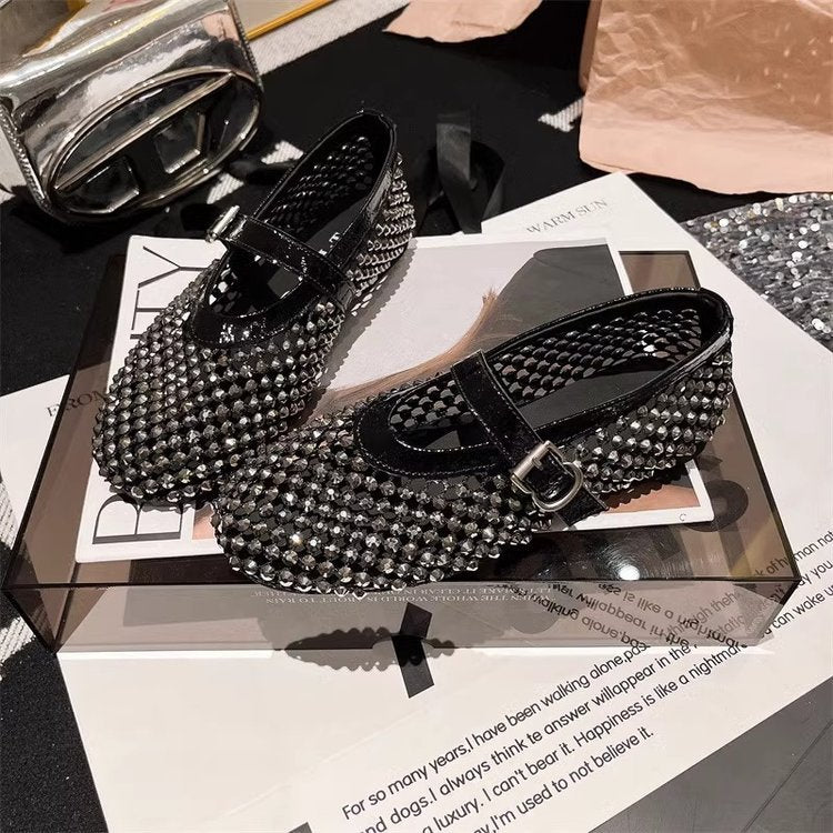 Damen Ballerinas mit elegantem Strassbesatz und verstellbarem Riemchen EB