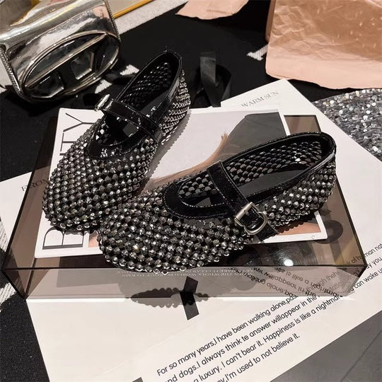 Damen Ballerinas mit elegantem Strassbesatz und verstellbarem Riemchen EB
