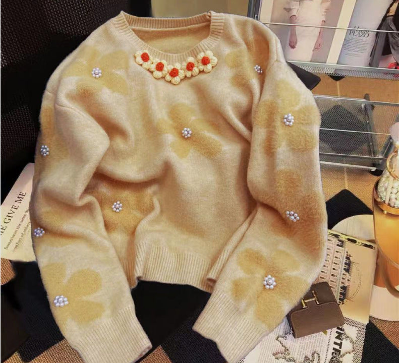 Damen Pullover mit floralem Design und Perlenapplikationen EB