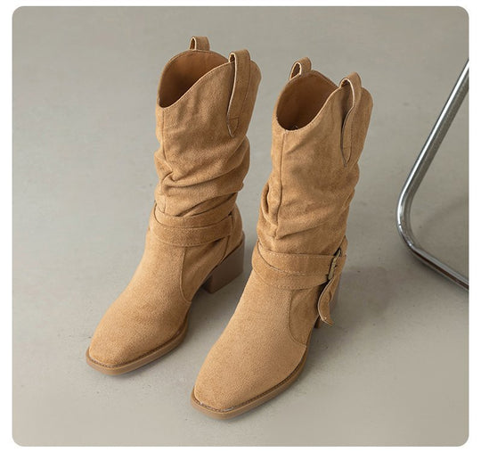Damen Stiefeletten im Western-Stil mit modischem Riemen und Blockabsatz EB