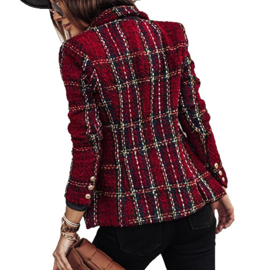 Damen Bouclé-Tweed-Blazer mit Karomuster und doppelreihiger Knopfleiste EB