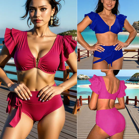 Damen Hochgeschnittenes Bikini-Set mit Rüschen EB