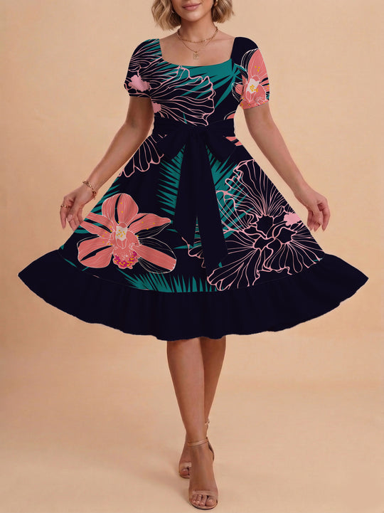 Damen A-Linien-Kleid mit floralen Motiven und taillierbarem Gürtel EB