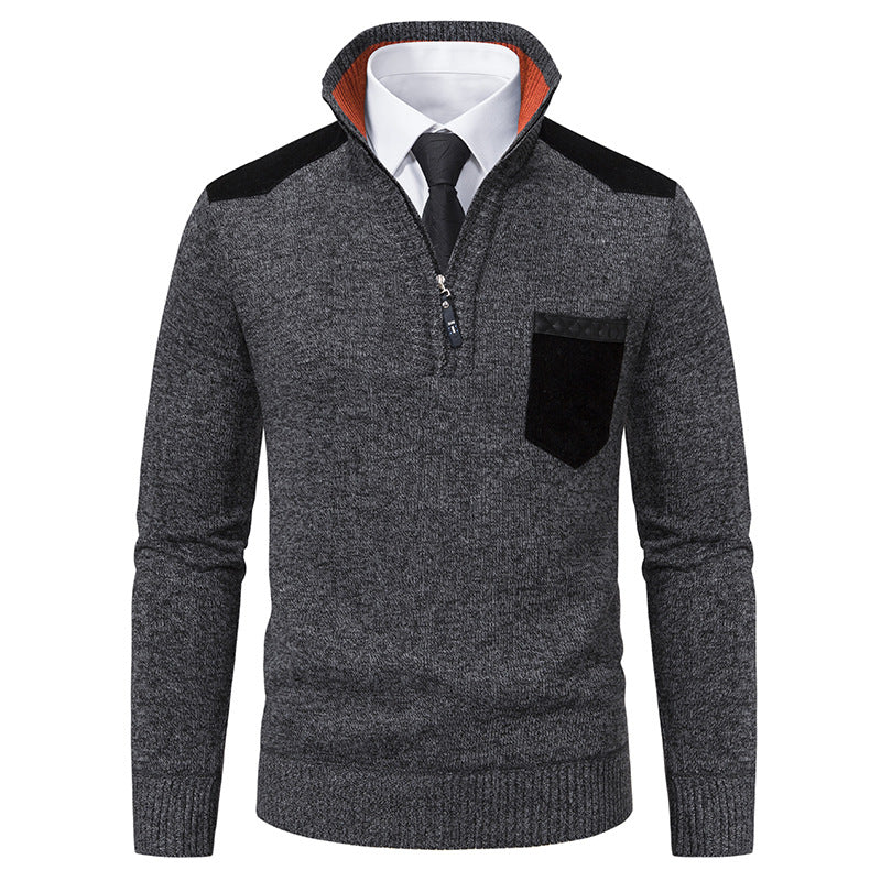 Herren nan Feinstrick-Halbzip-Pullover mit Stehkragen, Brusttasche und Schulterbesatz EB