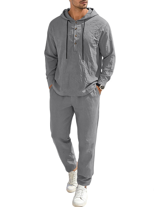 Herren nan entspannter Kapuzen-Henley Freizeitanzug aus leichter Baumwollmischung in Leinenoptik mit Kordelzug und elastischer Bundhose EB