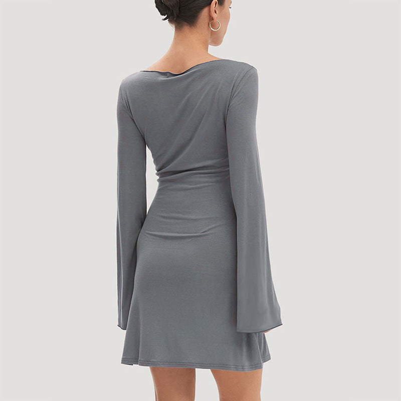 Damen elegantes Langarmkleid mit asymmetrischem Saum und fließendem Schnitt EB