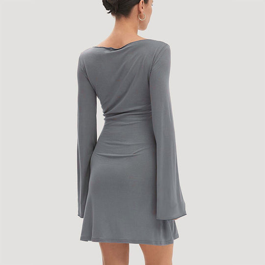 Damen elegantes Langarmkleid mit asymmetrischem Saum und fließendem Schnitt EB
