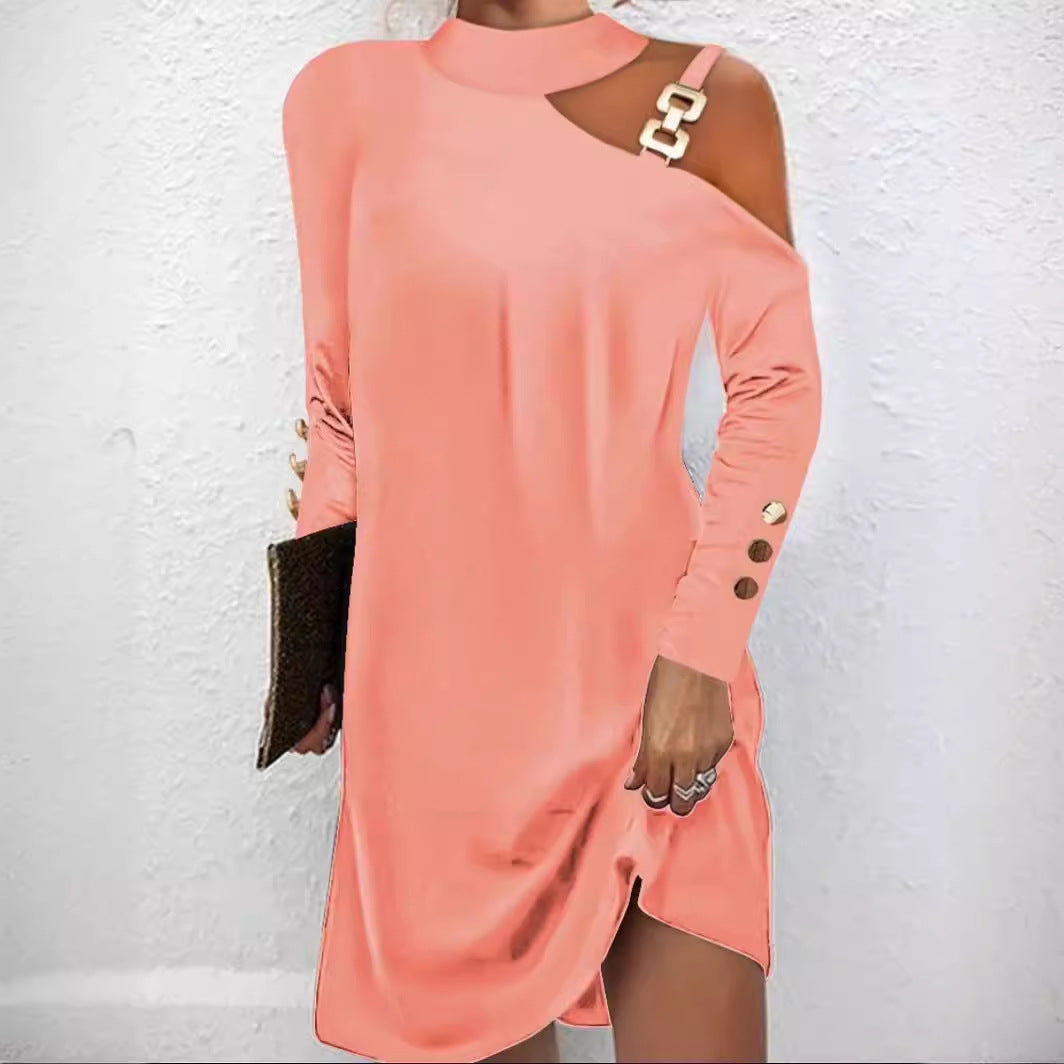 Damen nan asymmetrisches Minikleid mit Stehkragen, Cut-Out-Schulter und Zierkettenträger EB