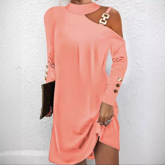 Damen nan asymmetrisches Minikleid mit Stehkragen, Cut-Out-Schulter und Zierkettenträger EB
