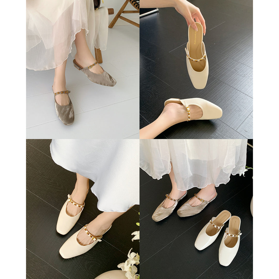 Damen elegante Mules mit komfortablem Riemen und schimmerndem Obermaterial EB