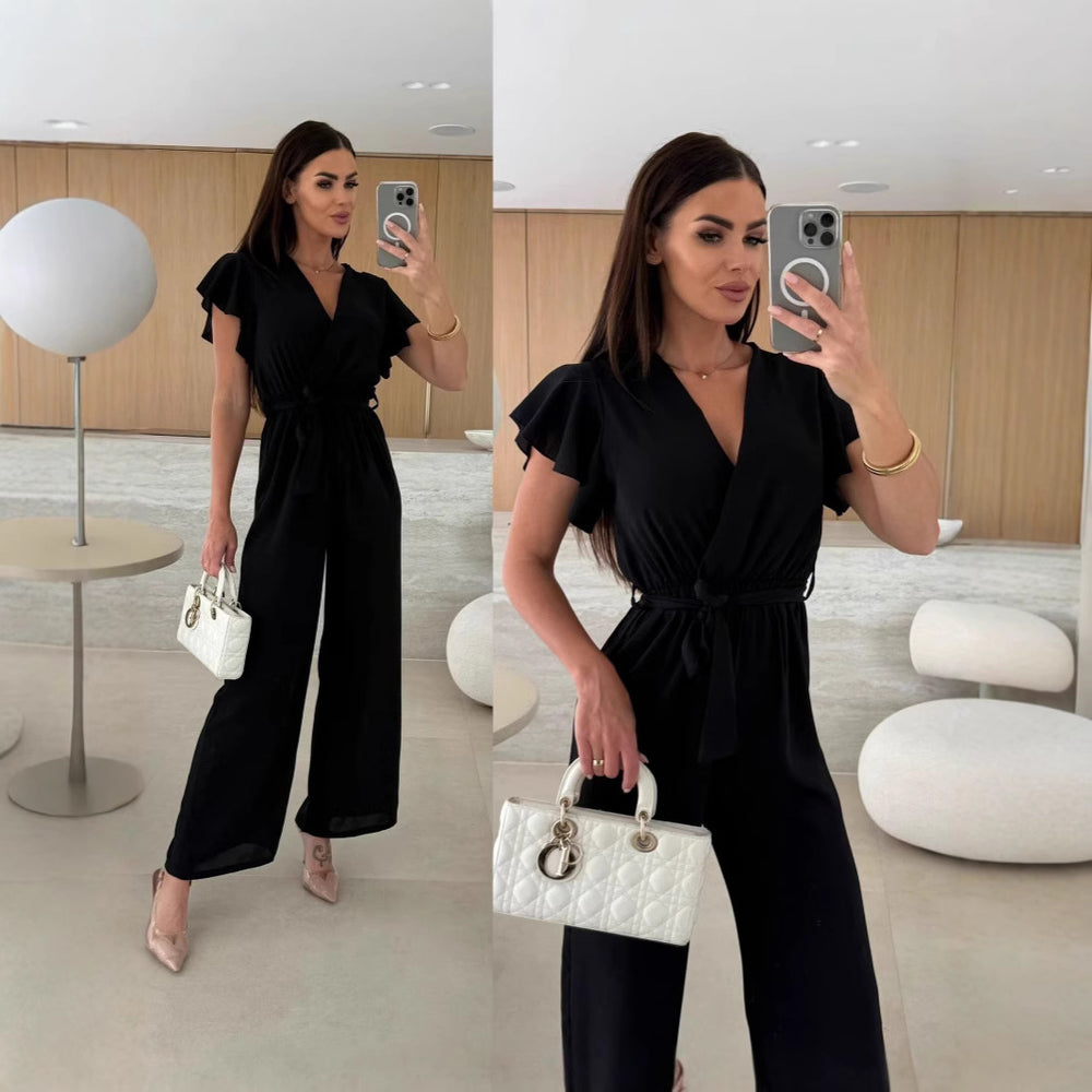 Damen eleganter Jumpsuit mit voluminösen Ärmeln und schmaler Taillenbetonung EB