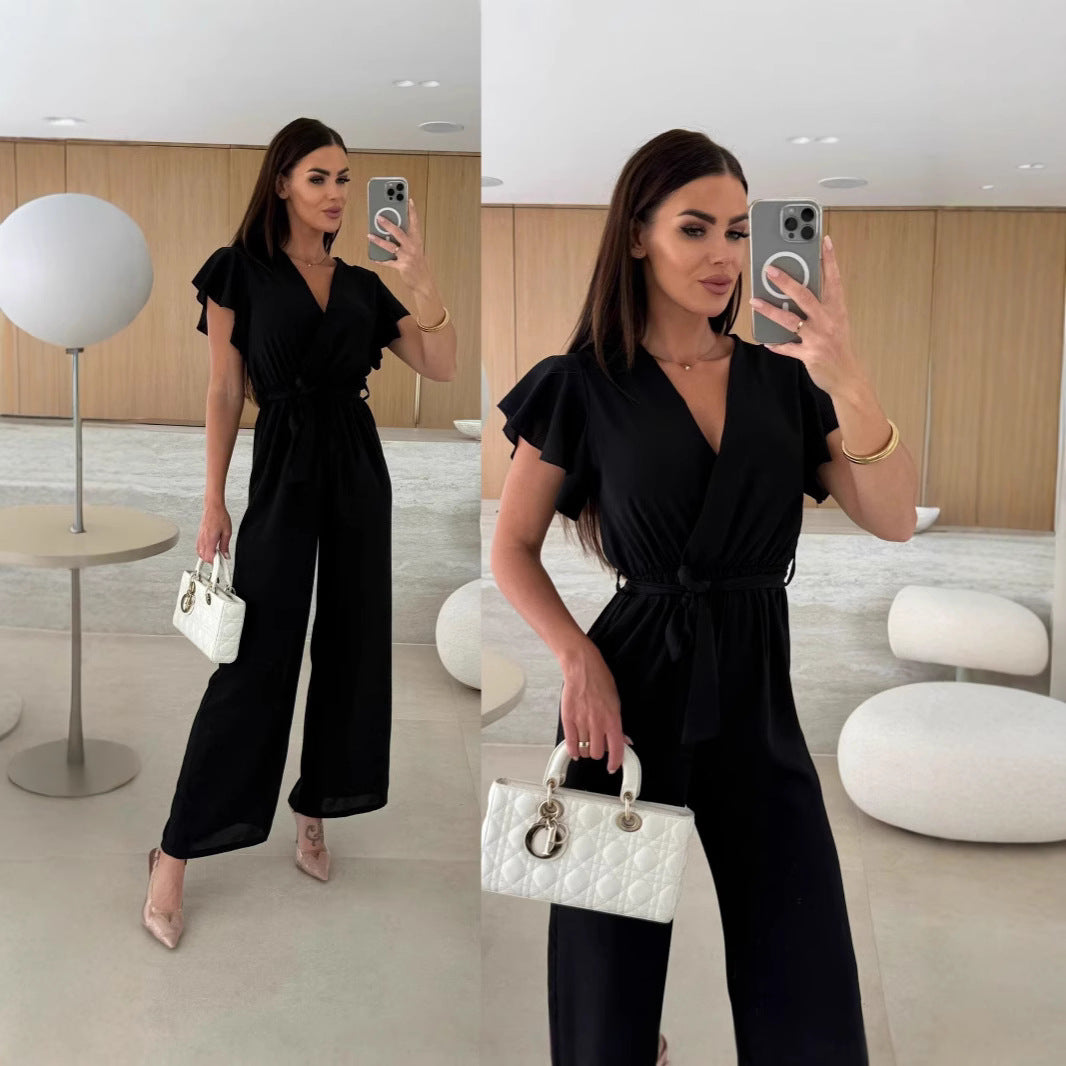 Damen eleganter Jumpsuit mit voluminösen Ärmeln und schmaler Taillenbetonung EB
