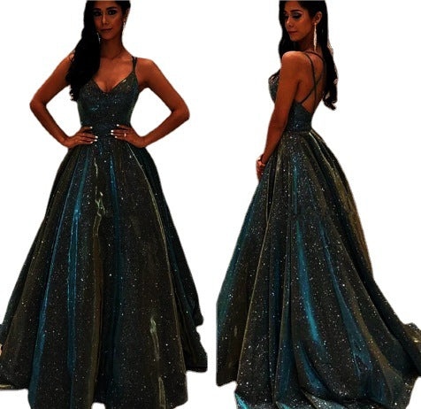 EB | Damen Spaghettiträger V-Ausschnitt A-Linie Glitzer Maxikleid