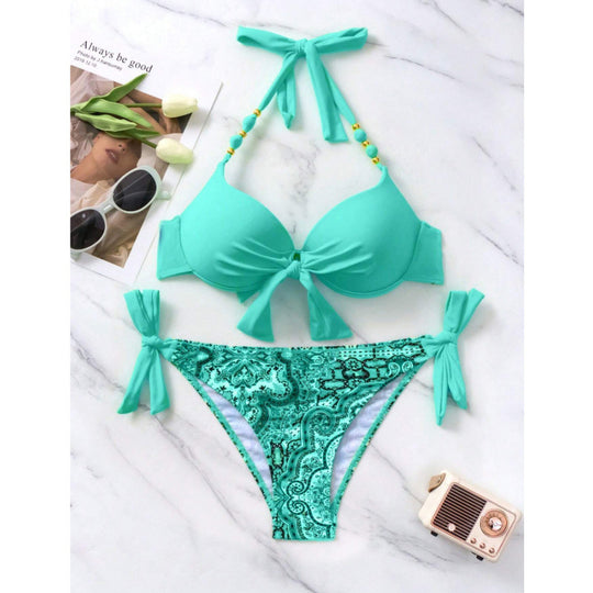 Damen Bikini-Set mit modischen Bindebändern und herausgearbeitetem Muster EB