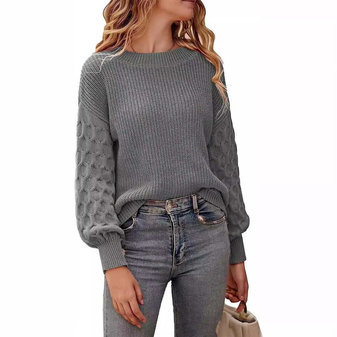 Damen modischer Strickpullover mit strukturierten Ärmeln und Rundhalsausschnitt EB