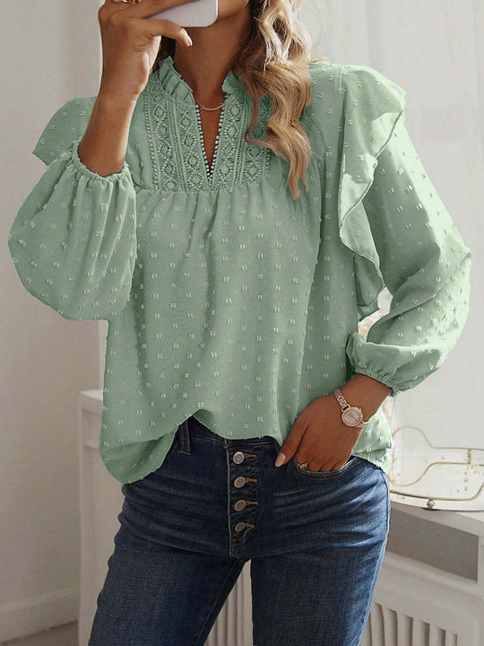 Damen Viskose-Bluse mit Spitzenstickerei und Volantärmeln EB