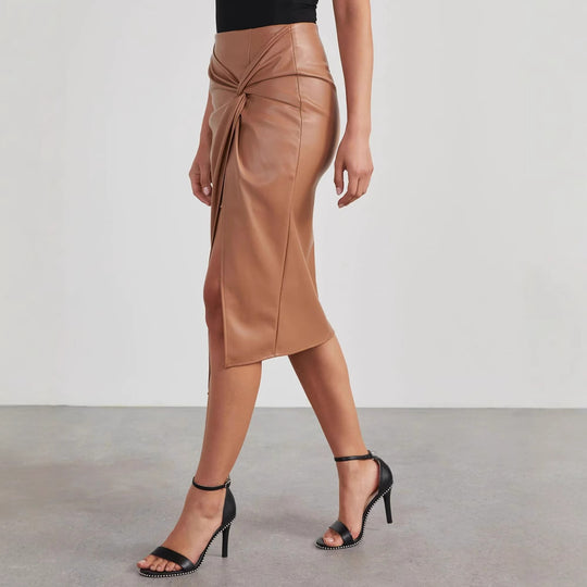 Damen Kunstleder-Rock mit asymmetrischem Schnitt und dekorativem Knoten EB