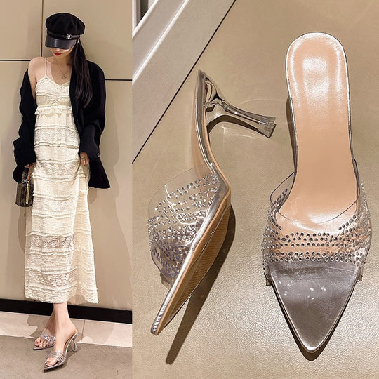 Damen Glitzernde Mules mit transparentem Obermaterial und eleganten Akzenten EB