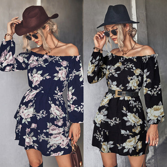 Damen Off-Shoulder Minikleid mit floralem Druck und Rüschensaum EB