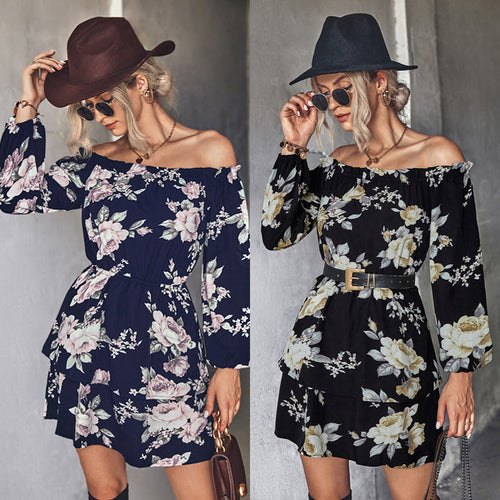 Damen Off-Shoulder Minikleid mit floralem Druck und Rüschensaum EB