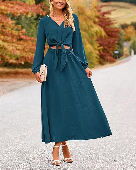 Damen Binde-Kleid mit langen Ärmeln und Rundhalsausschnitt EB