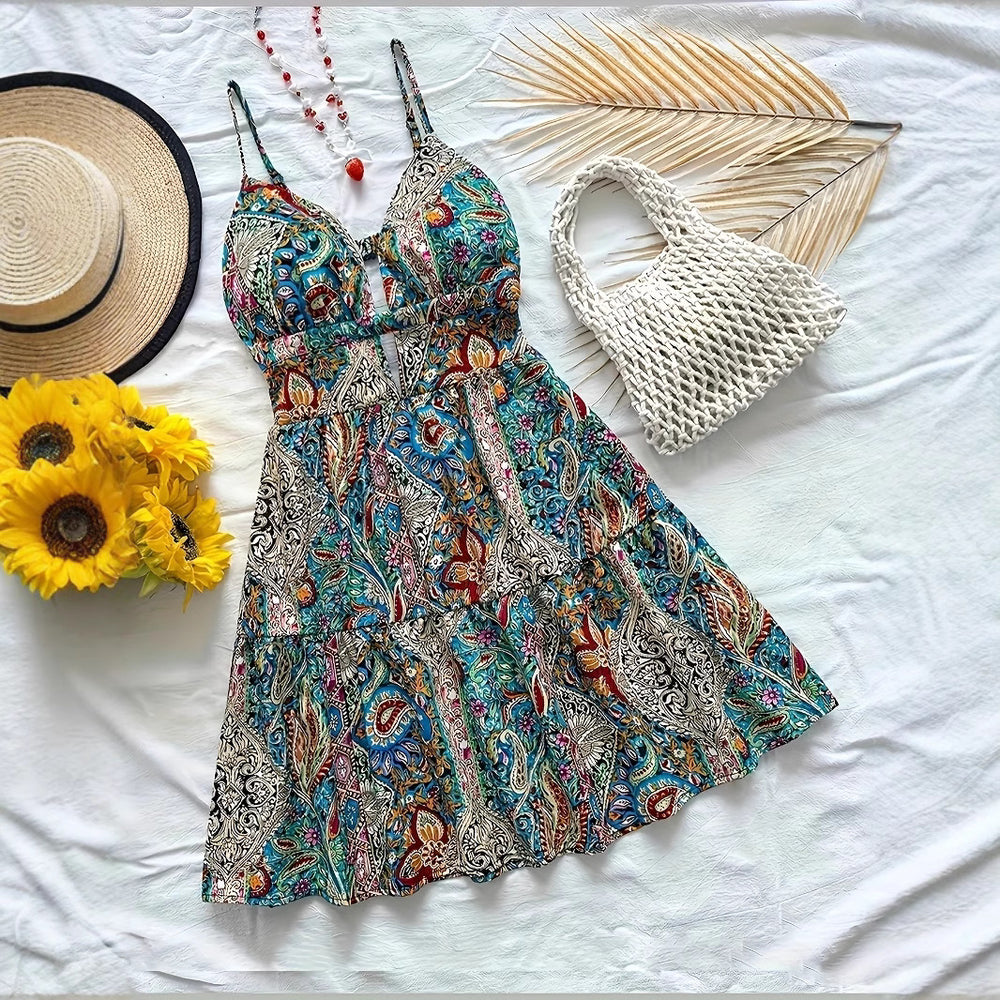 Damen Neckholder Sommerkleid mit floralem Muster und Rüschendetails EB